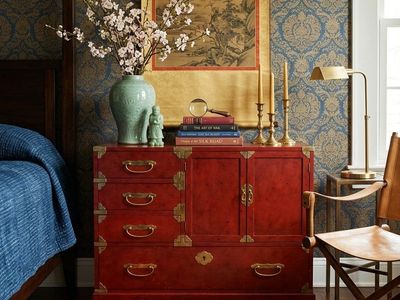 GORGEOUS Century Furniture Hollywood Regency Chinoiserie Red Lacquered Commode | Dresser