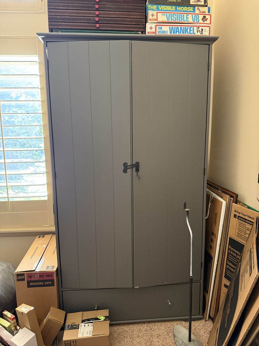 Gray Wooden Wardrobe Armoire with Storage and Hanging Rod - Bedroom/Living Room Furniture