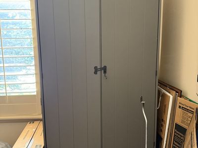 Gray Wooden Wardrobe Armoire with Storage and Hanging Rod - Bedroom/Living Room Furniture