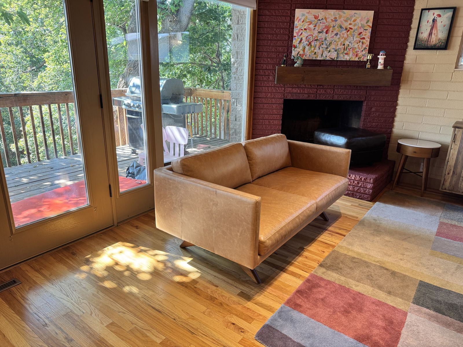 Mid-Century Modern Tan Leather Loveseat / Sofa with Wooden Legs from West Elm