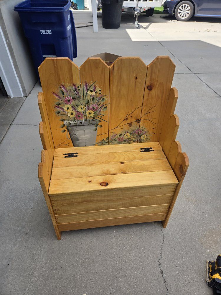 Handmade Wooden Storage Bench with Floral Painted Backrest - Unique Home Decor & Storage