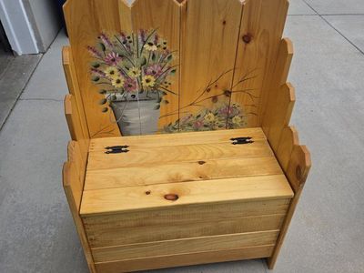 Handmade Wooden Storage Bench with Floral Painted Backrest - Unique Home Decor & Storage
