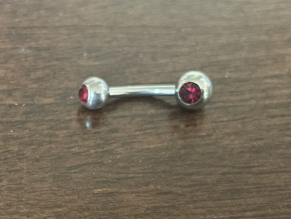 Silver Tone Belly Button Ring W/ Dark Red Stones