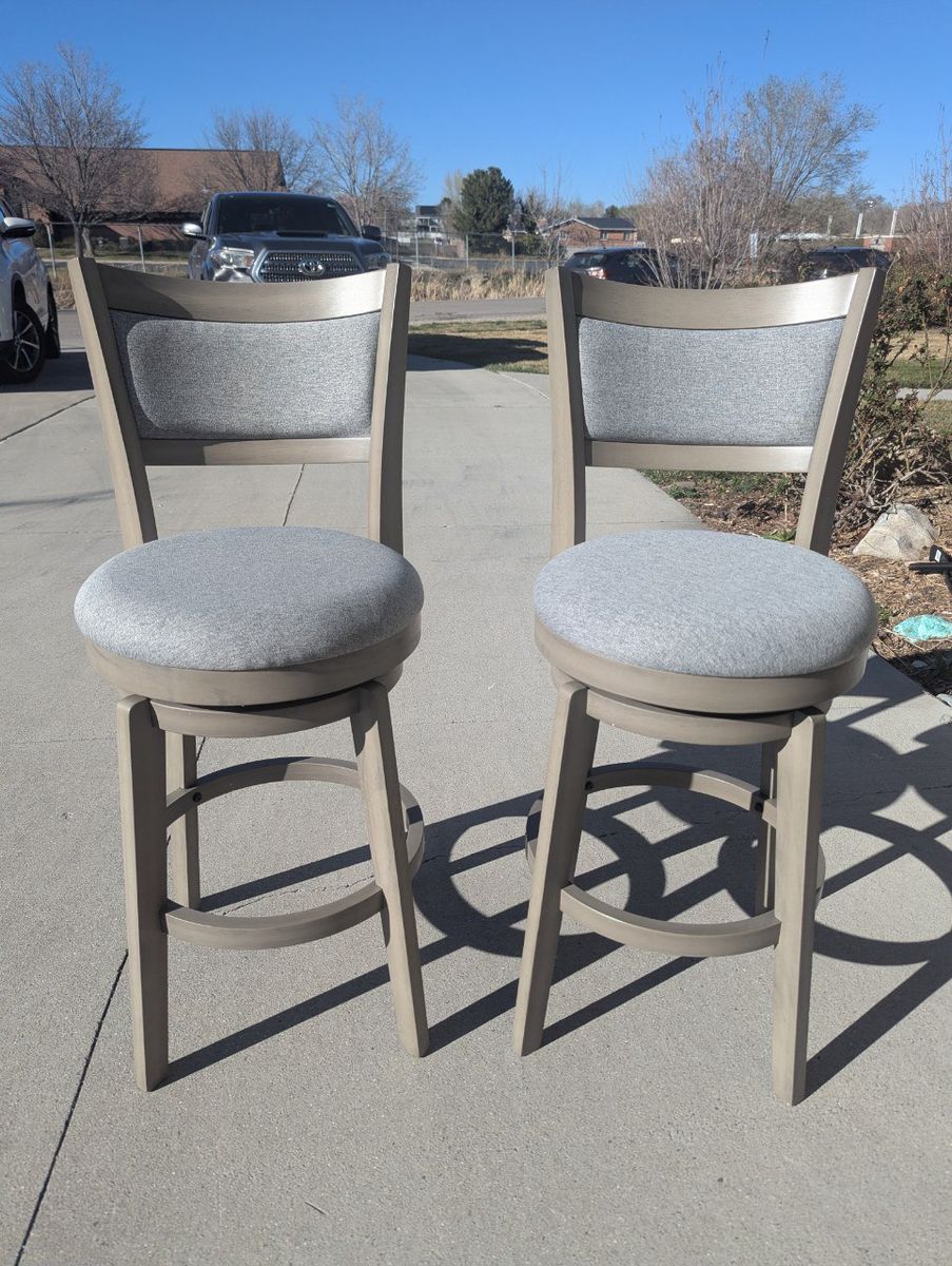 Set of 2 Swivel Counter Stools – Gray Upholstered – Wood Frame – New