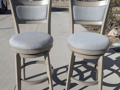 Set of 2 Swivel Counter Stools – Gray Upholstered – Wood Frame – New