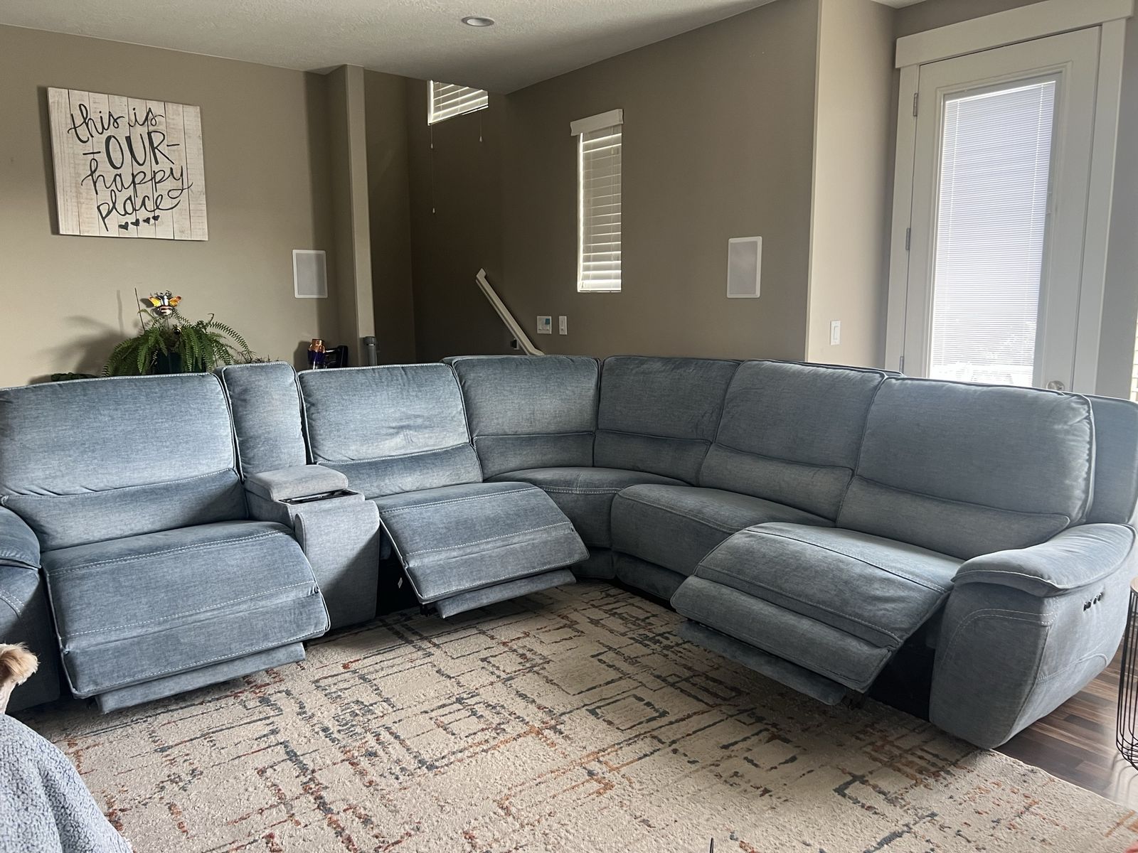 Comfortable Blue Fabric Reclining Sectional Sofa with Console and Cupholders