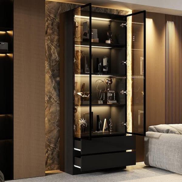 Modern LED Display Cabinet with Glass Doors – $200