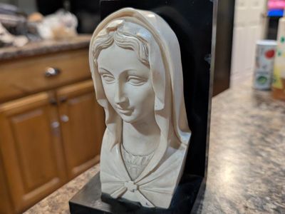 Vintage Virgin Mary Madonna Religious Bust Statue Bookend Black Base