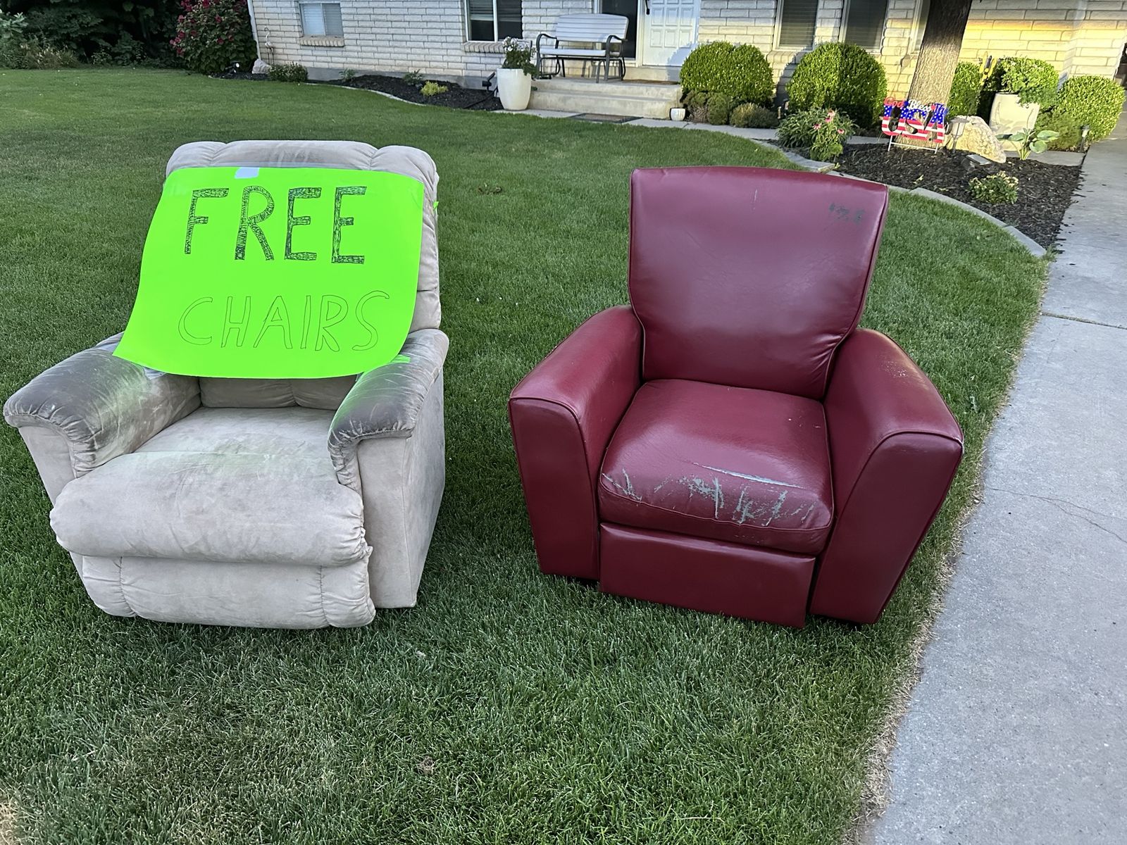 FREE Maroon Leather like Armchair Recliner and Beige Rocker Recliner