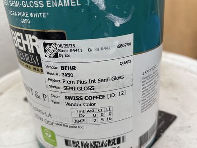BEHR Premium Plus Semi-Gloss Enamel Paint - Swiss Coffee, Quart (Zero VOC)