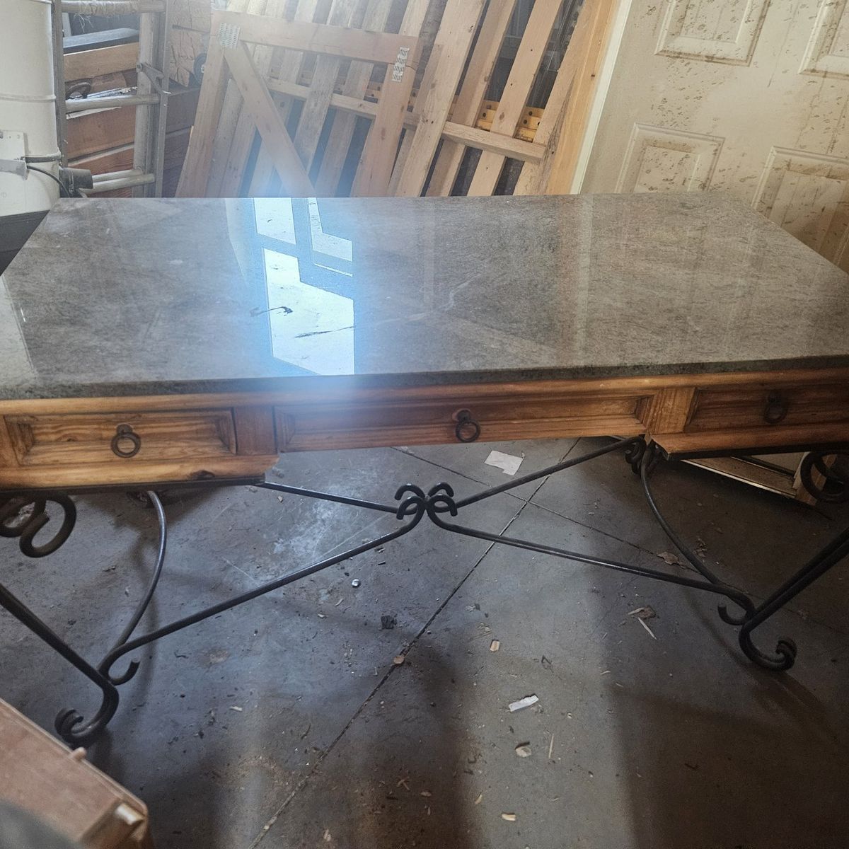 Rustic Wood & Granite Console Table with Wrought Iron Base & 3 Drawers