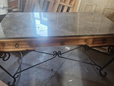Rustic Wood & Granite Console Table with Wrought Iron Base & 3 Drawers