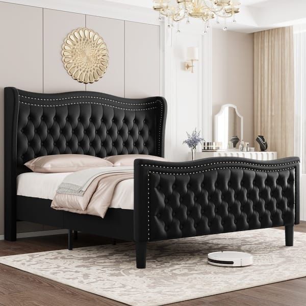 Black Tufted Velvet Wingback Platform Bed Frame - Full Size with Nailhead Trim