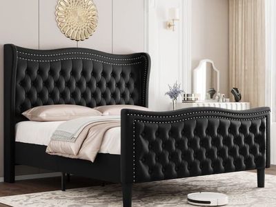Black Tufted Velvet Wingback Platform Bed Frame - Full Size with Nailhead Trim