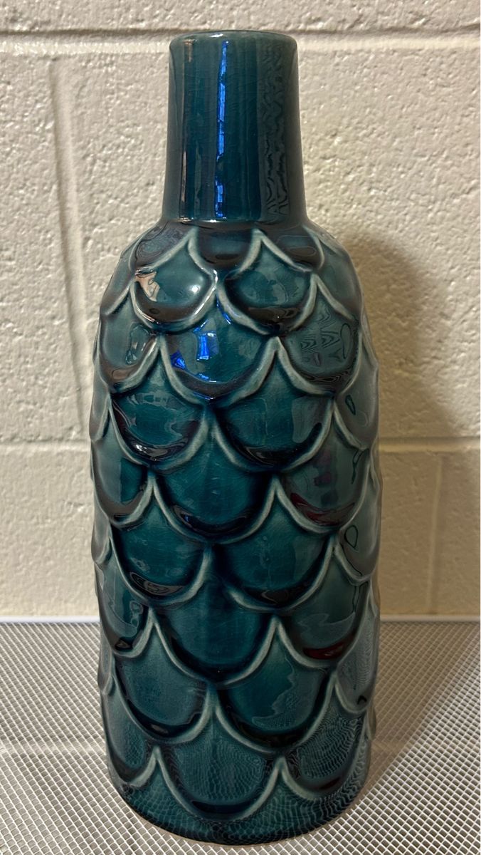 Ceramic Teal Blue Mermaid Scale Vase 10.5" Tall Decorative Bottle Style Glazed Finish Cash Only Please