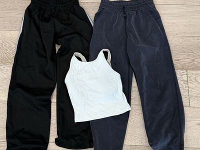 Lululemon size 2 dark blue suede yoga pants, white tank and FIVE black athletic pants size YL
