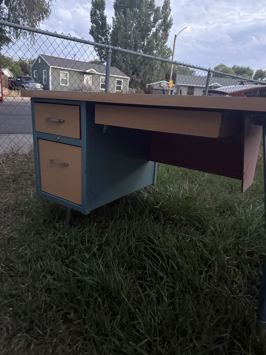 Vintage Mid-Century Wood and Teal Metal Office Desk with Drawers