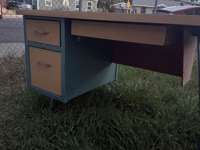 Vintage Mid-Century Wood and Teal Metal Office Desk with Drawers