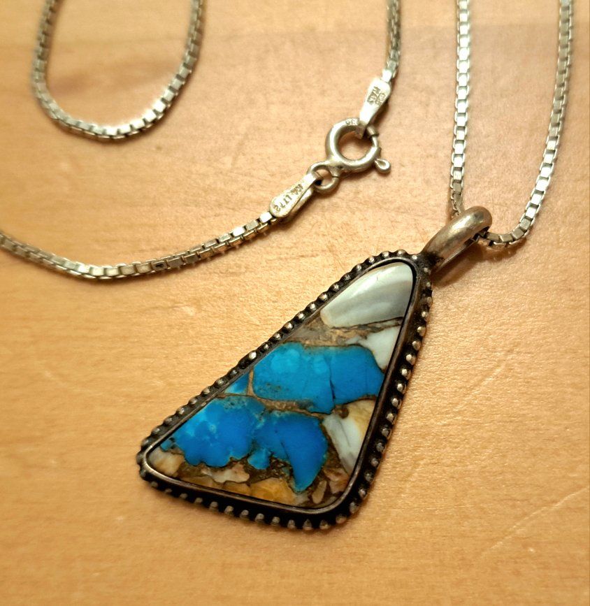 Sterling Silver Box Chain Necklace W/ Turquoise & Silver Pendant