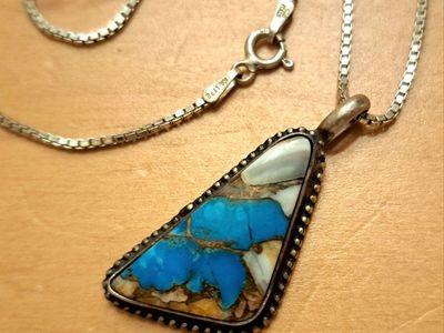Sterling Silver Box Chain Necklace W/ Turquoise & Silver Pendant