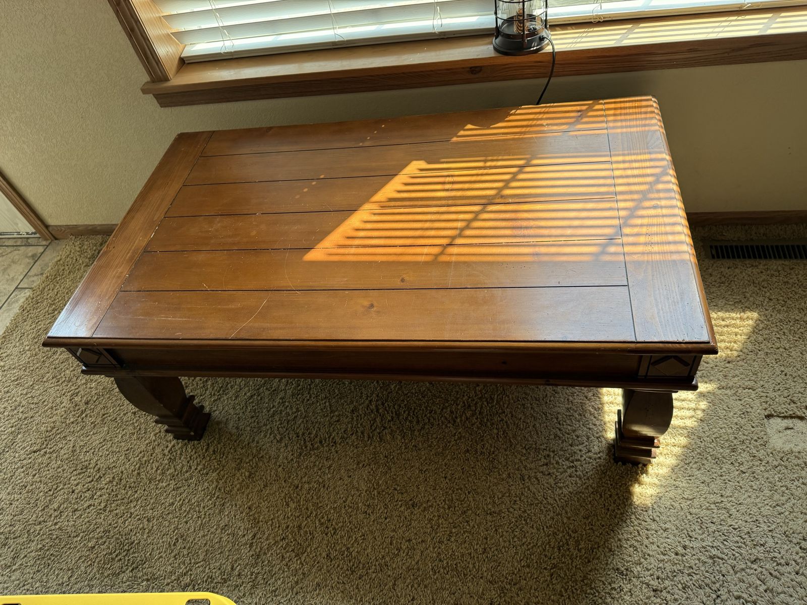 Used Wood Coffee Table - Carved Legs - Rectangle Shape - Brown Finish