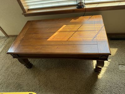 Used Wood Coffee Table - Carved Legs - Rectangle Shape - Brown Finish