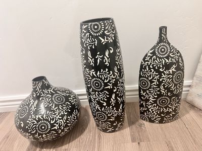 Set of 3 Black and White Patterned Ceramic Decorative Vases