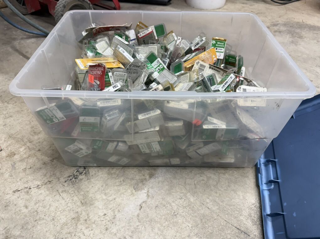 Large Tote Full Of Assorted Screws And Bolts