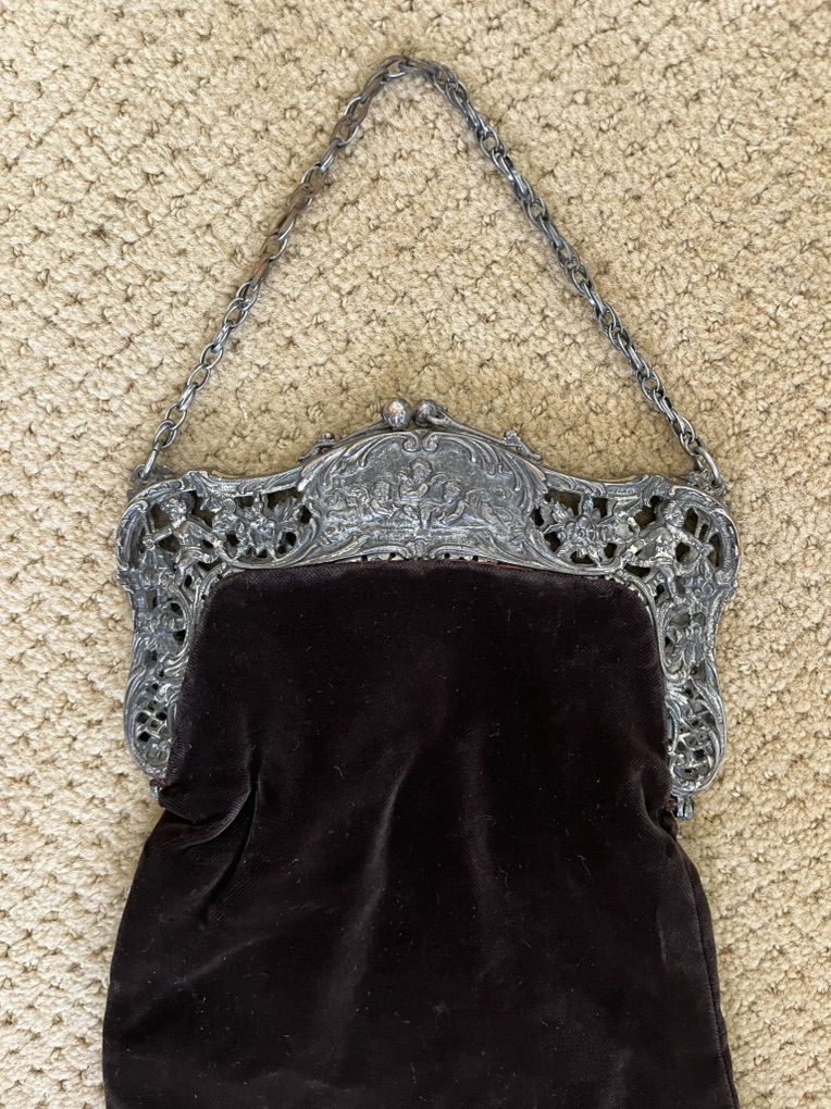 Large Ornate Antique Victorian Dark Brown Velvet Purse/Handbag with Cherubs