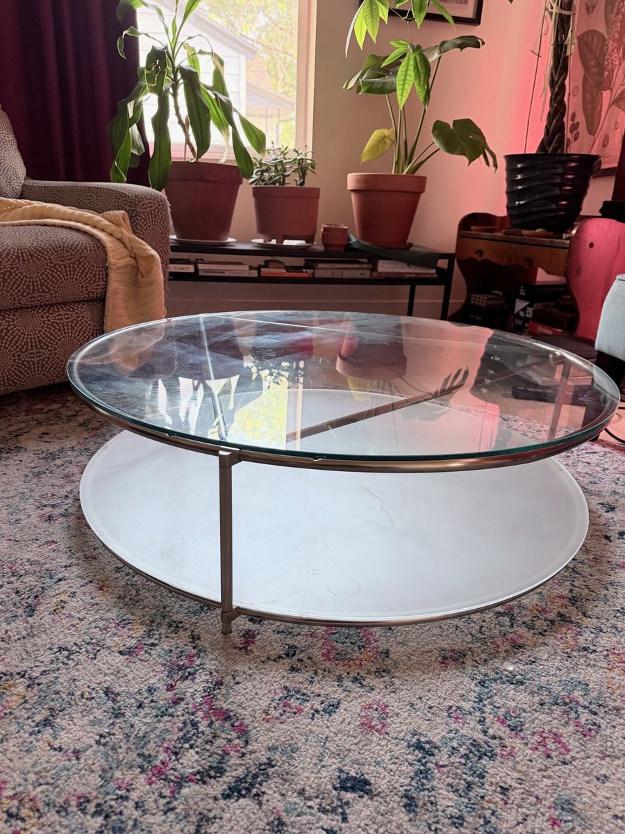 Glass & Silver Round Coffee Table with Lower Shelf