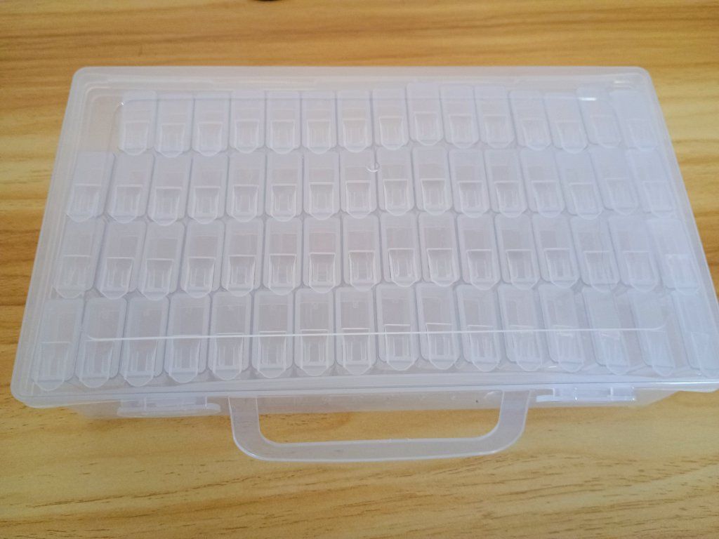 Clear plastic storage container & diamond art supplies