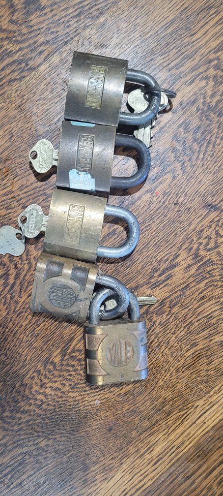 Vintage Slaymaker, Sesamee, and Yale Padlocks with Keys - Brass Finish, Lot of 5.  10 dollars each