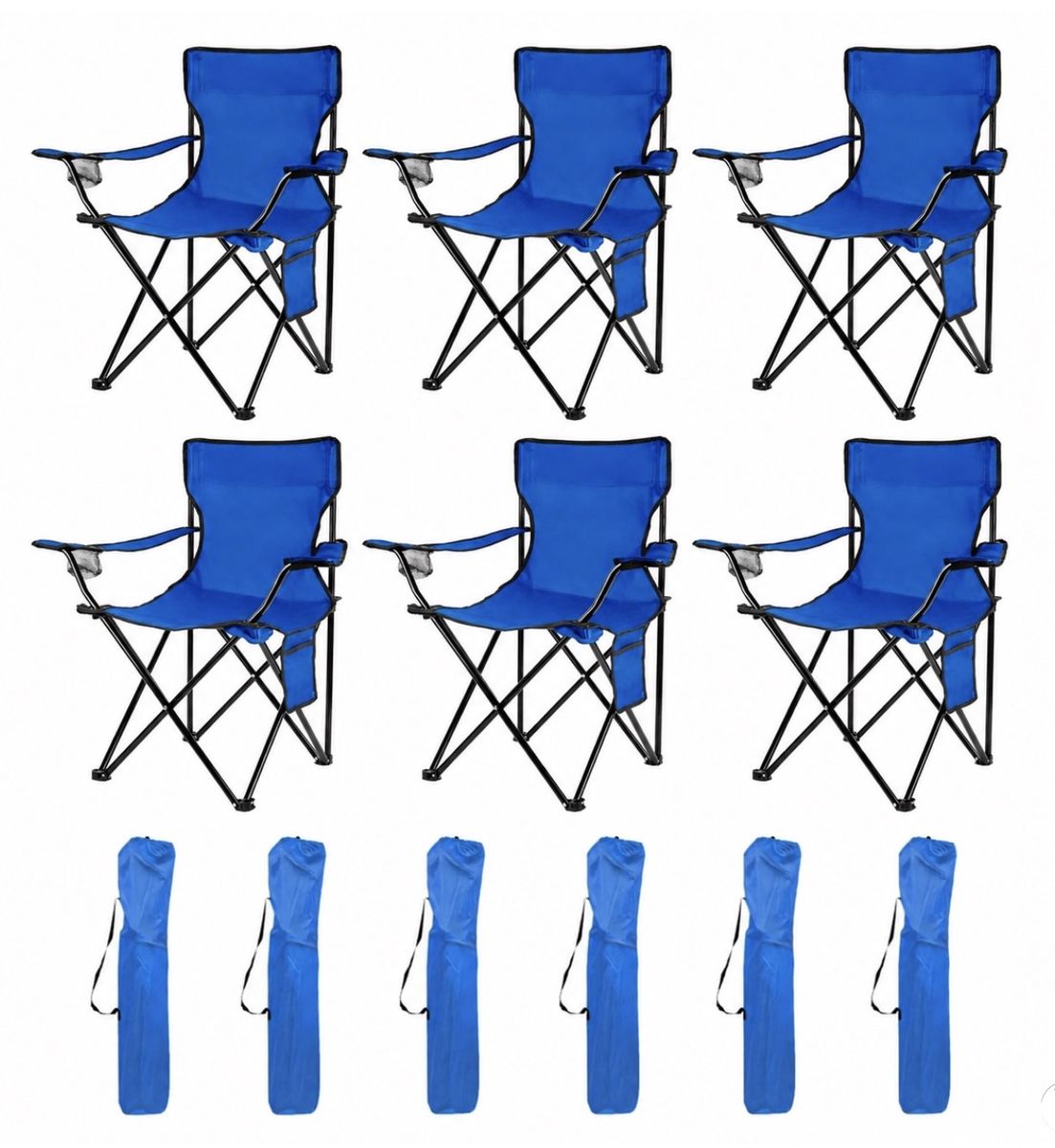 NEW Set of 6 Camping Chair Blue and Bag with Handle Outdoors, Foldable Chair, Cup Holder and Bonus Pocket