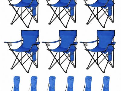 NEW Set of 6 Camping Chair Blue and Bag with Handle Outdoors, Foldable Chair, Cup Holder and Bonus Pocket