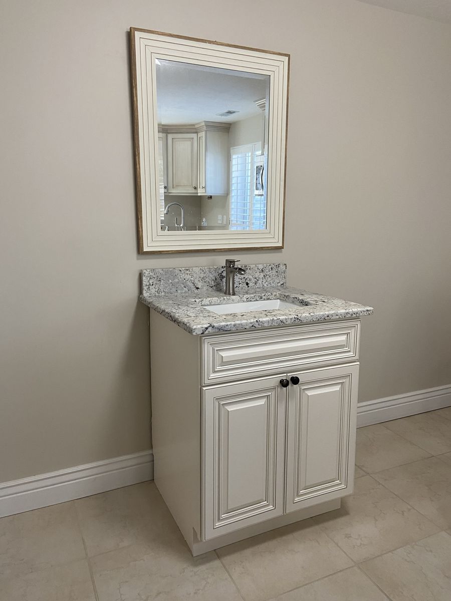 White Bathroom Vanity with Granite Top and Sink, Faucet, and Mirror included, 30 inches wide