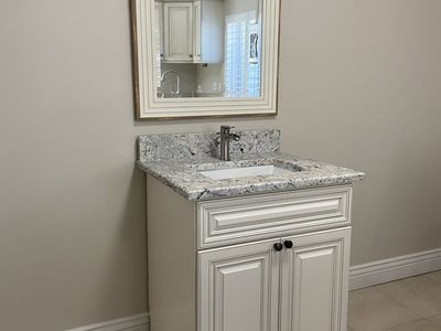 White Bathroom Vanity with Granite Top and Sink, Faucet, and Mirror included, 30 inches wide