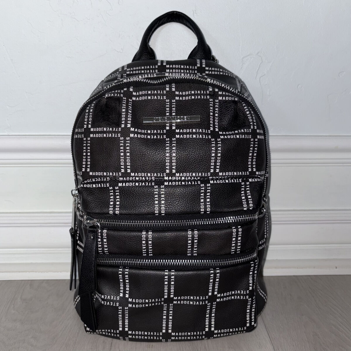 Steve Madden Black & White Logo Backpack Purse | Faux Leather | Silver Hardware | Medium 10x13