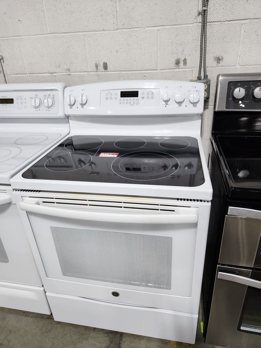 GE White Electric Range Stove with Glass Top and Self-Cleaning Oven