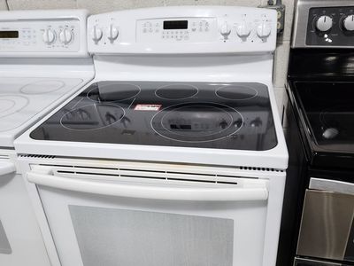 GE White Electric Range Stove with Glass Top and Self-Cleaning Oven