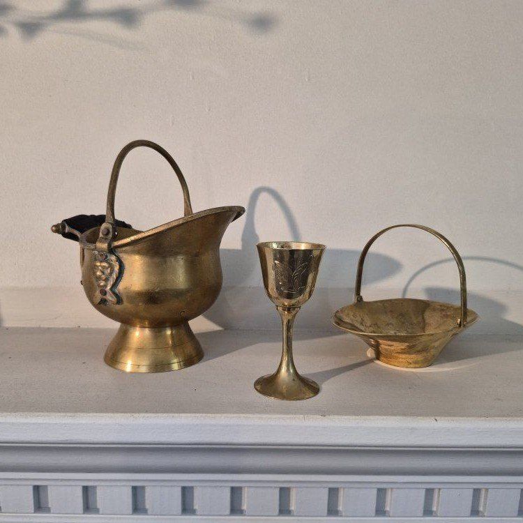 Vintage Brass Home Decor Set - Miniature Coal Scuttle, Basket, and Goblet