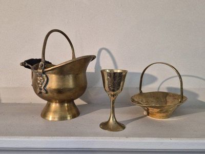 Vintage Brass Home Decor Set - Miniature Coal Scuttle, Basket, and Goblet