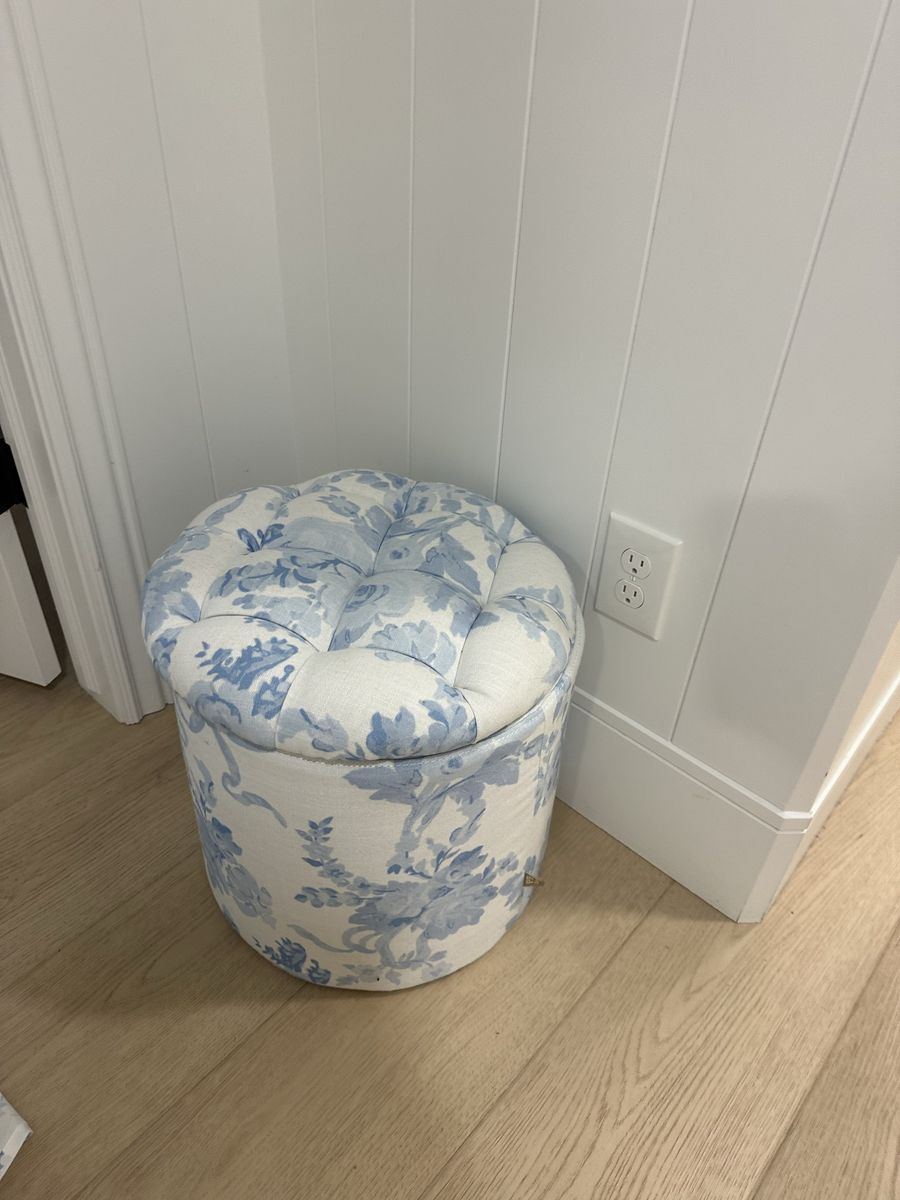 Blue and White Floral Tufted Storage Ottoman Stool Pottery Barn
