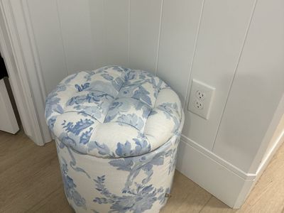 Blue and White Floral Tufted Storage Ottoman Stool Pottery Barn