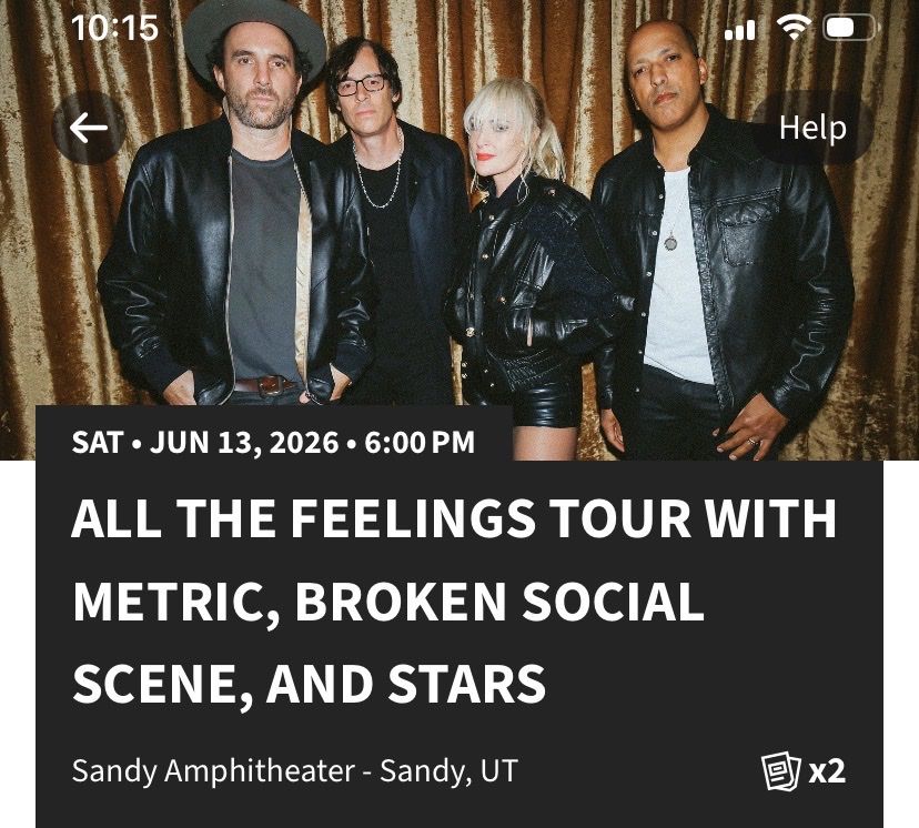 2 tickets for Metric Concert in Sandy, UT - June 13 (sec 9, row T)