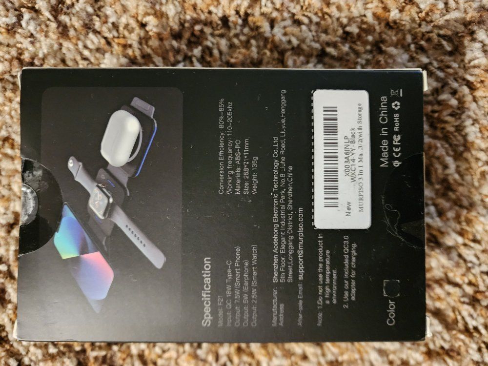 3-in-1 Wireless Charger Black, 18W Type-C Input, Smart Phone/Watch/Earphone