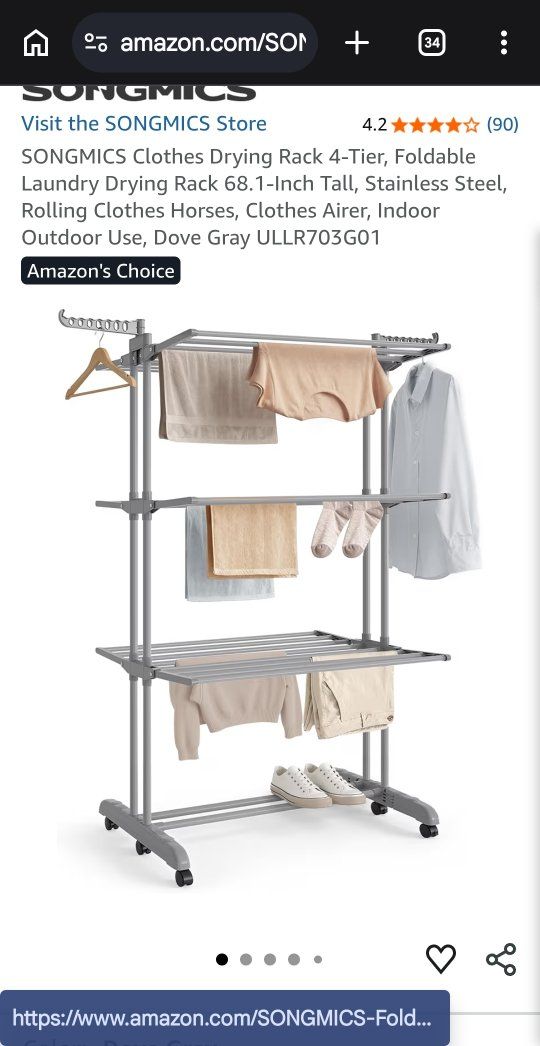 SONGMICS ULLR703G01 4-Tier Foldable Stainless Steel Drying Rack 68.1" Tall w/ Wheels