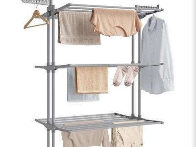 SONGMICS ULLR703G01 4-Tier Foldable Stainless Steel Drying Rack 68.1" Tall w/ Wheels