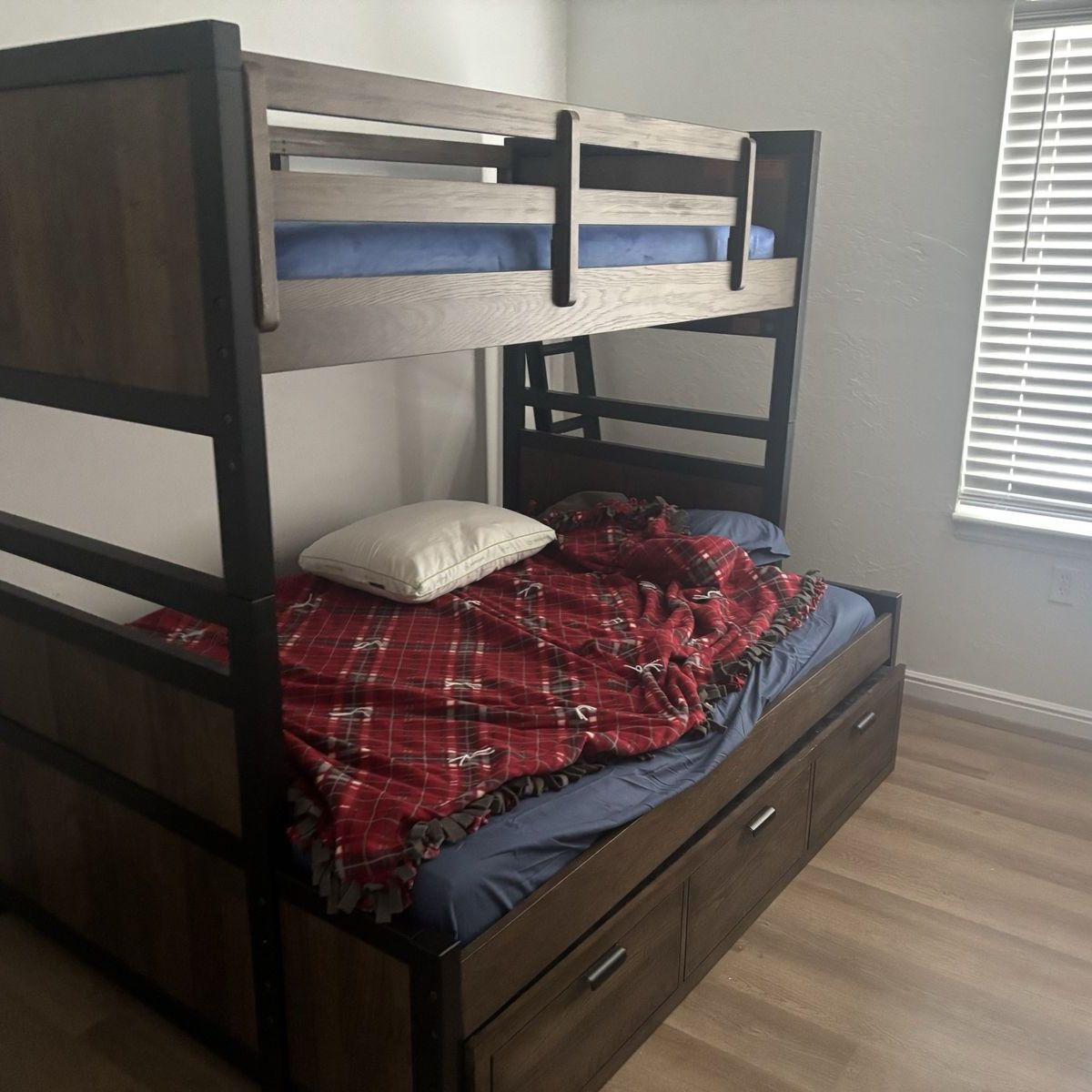 Twin Bunk Beds Dark Wood & Metal Frame Sturdy Space-Saving Design