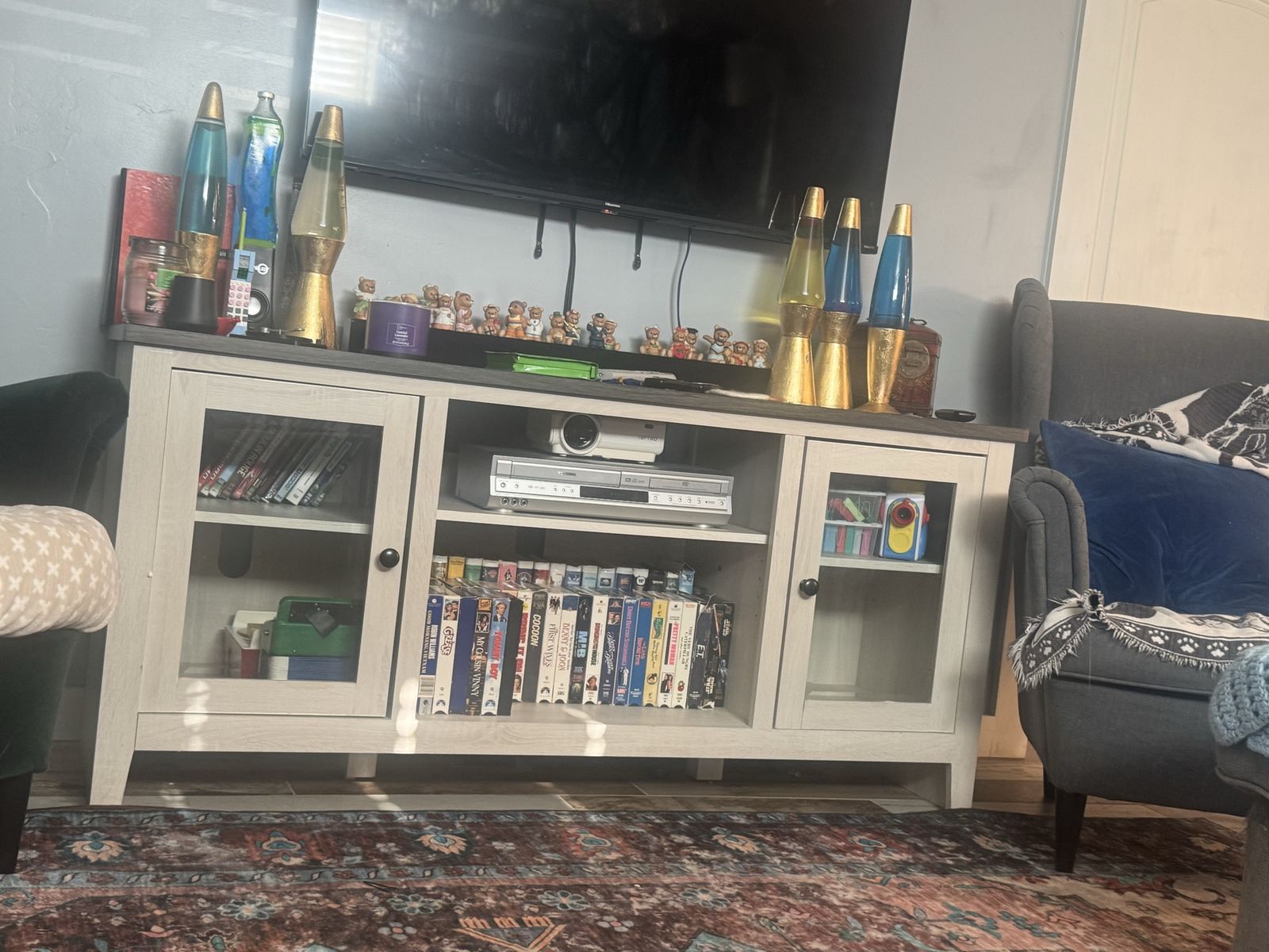 Light Gray and Dark Gray Media Console TV Stand with Glass Doors and Shelves