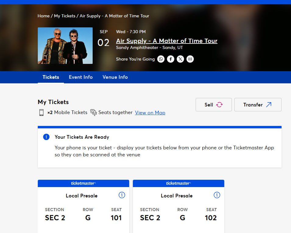 Air Supply @ Sandy Amp Wed. 9/2 Row 7 Center Section & Aisle
